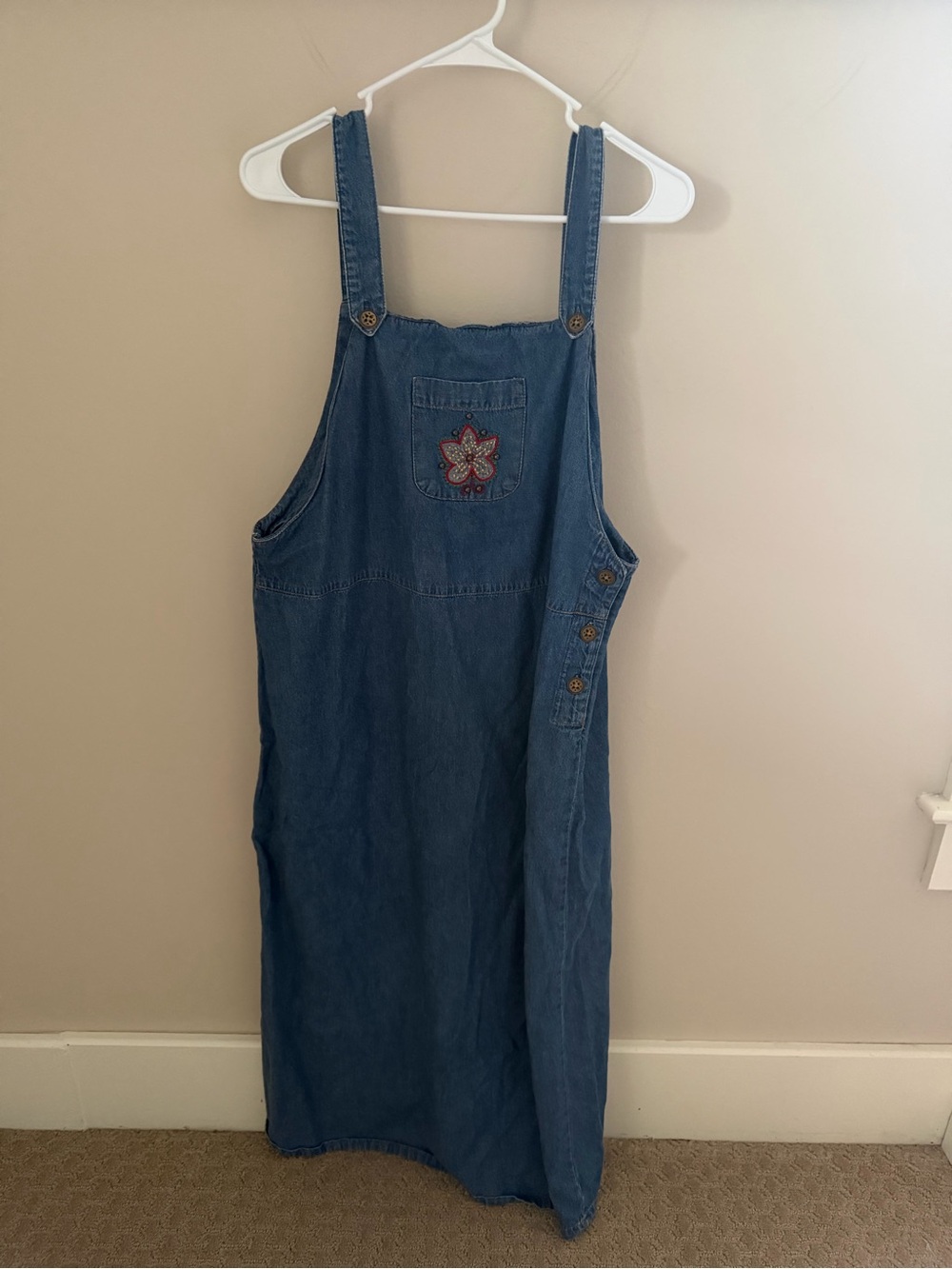 Vintage Denim Overall Dress with Embroidered Flower Pocket - Blue size Medium